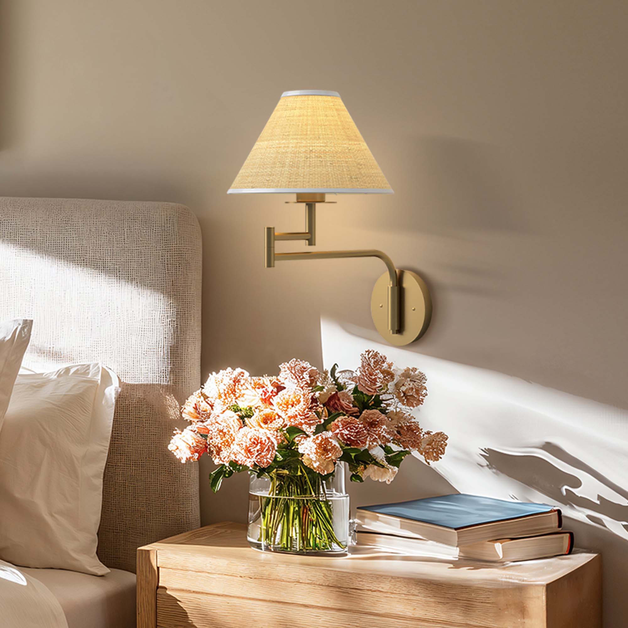 naia rattan sconce for bedroom focus on a decorative wall lamp above a nightstand