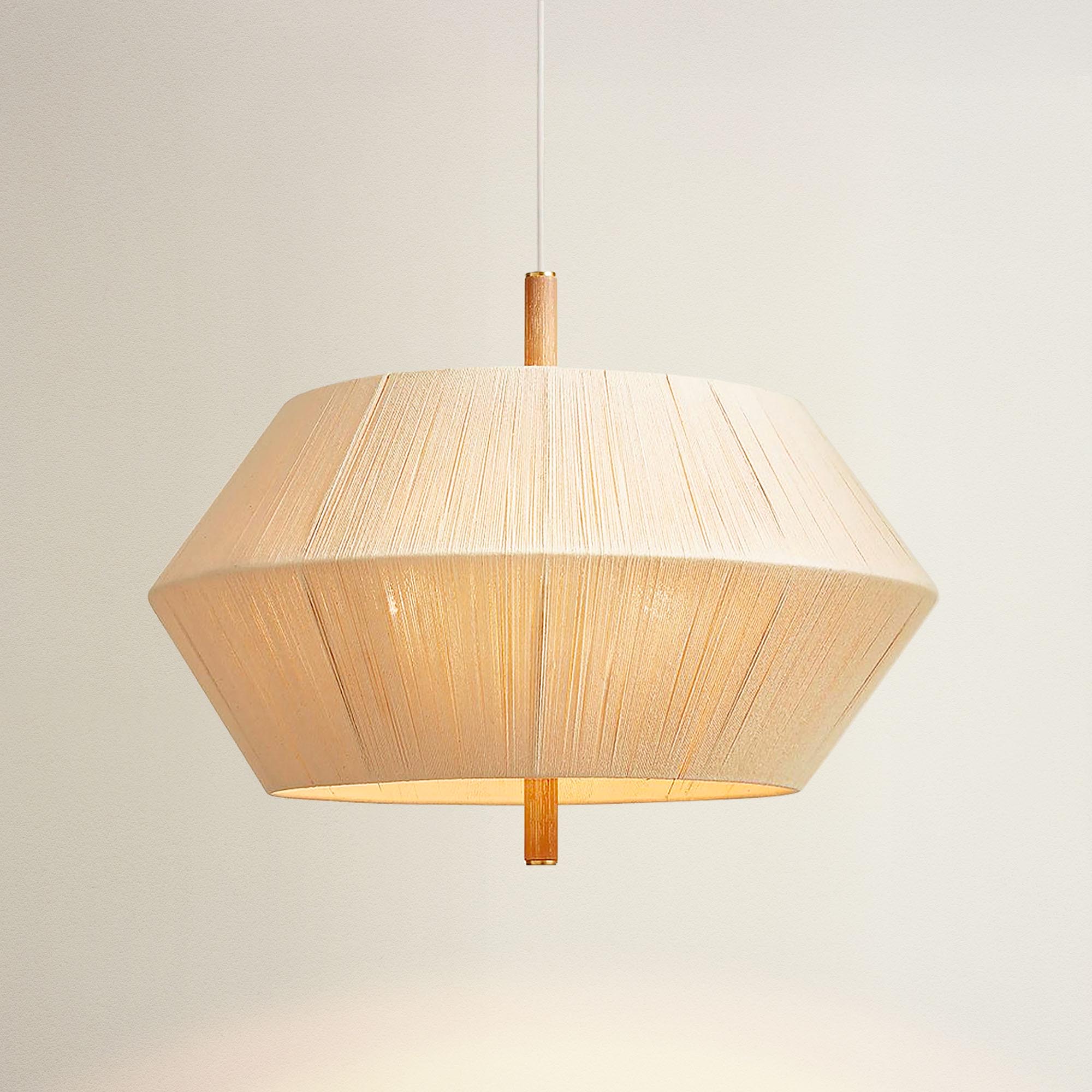 nimbus pendant light with wooden frame and beige lampshade, on