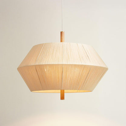 nimbus pendant light with wooden frame and beige lampshade, on