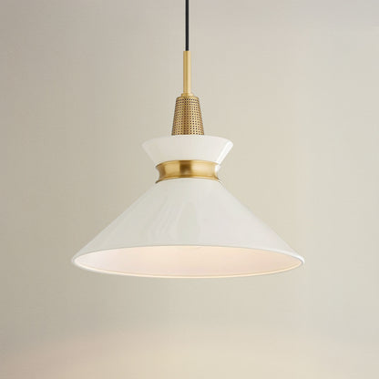 orbit bowl pendant light with white shade and gold fixture, on