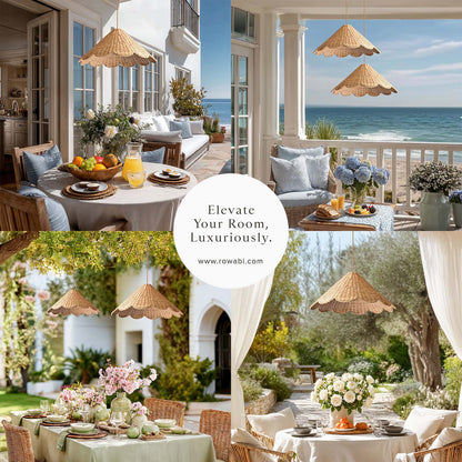 outdoor daisy rattan pendant light for outdoor dining scenes on a balcony overlooking the ocean