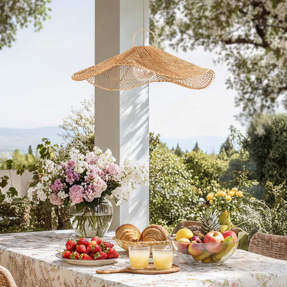 outdoor lotus rattan pendant light above a dining table