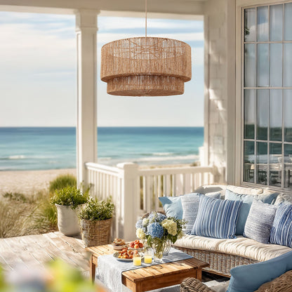 outdoor luminous pendant light living space with ocean view and wicker furniture