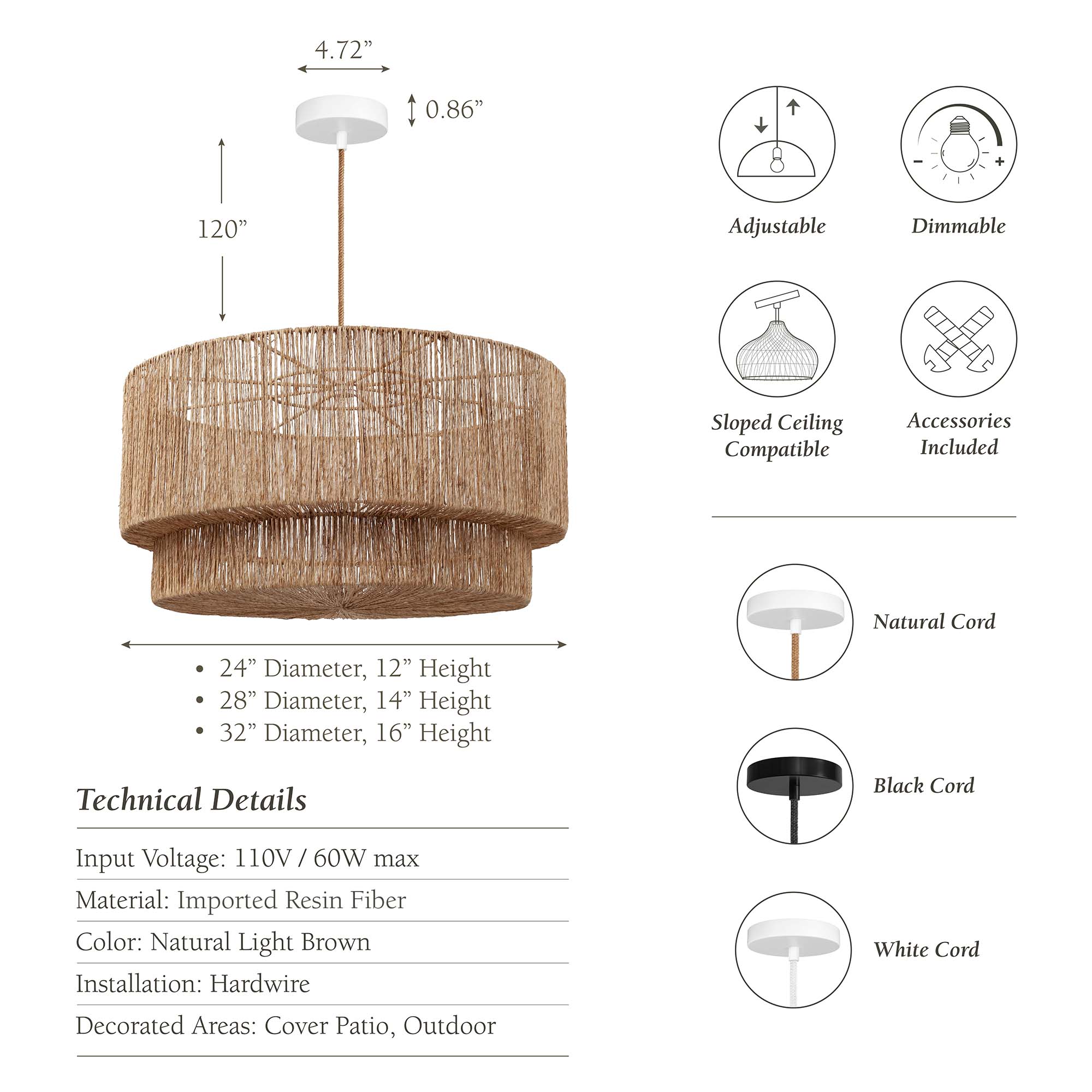 outdoor luminous pendant light with dimensions and features