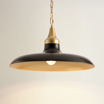 raven black dome pendant light with gold accents, on