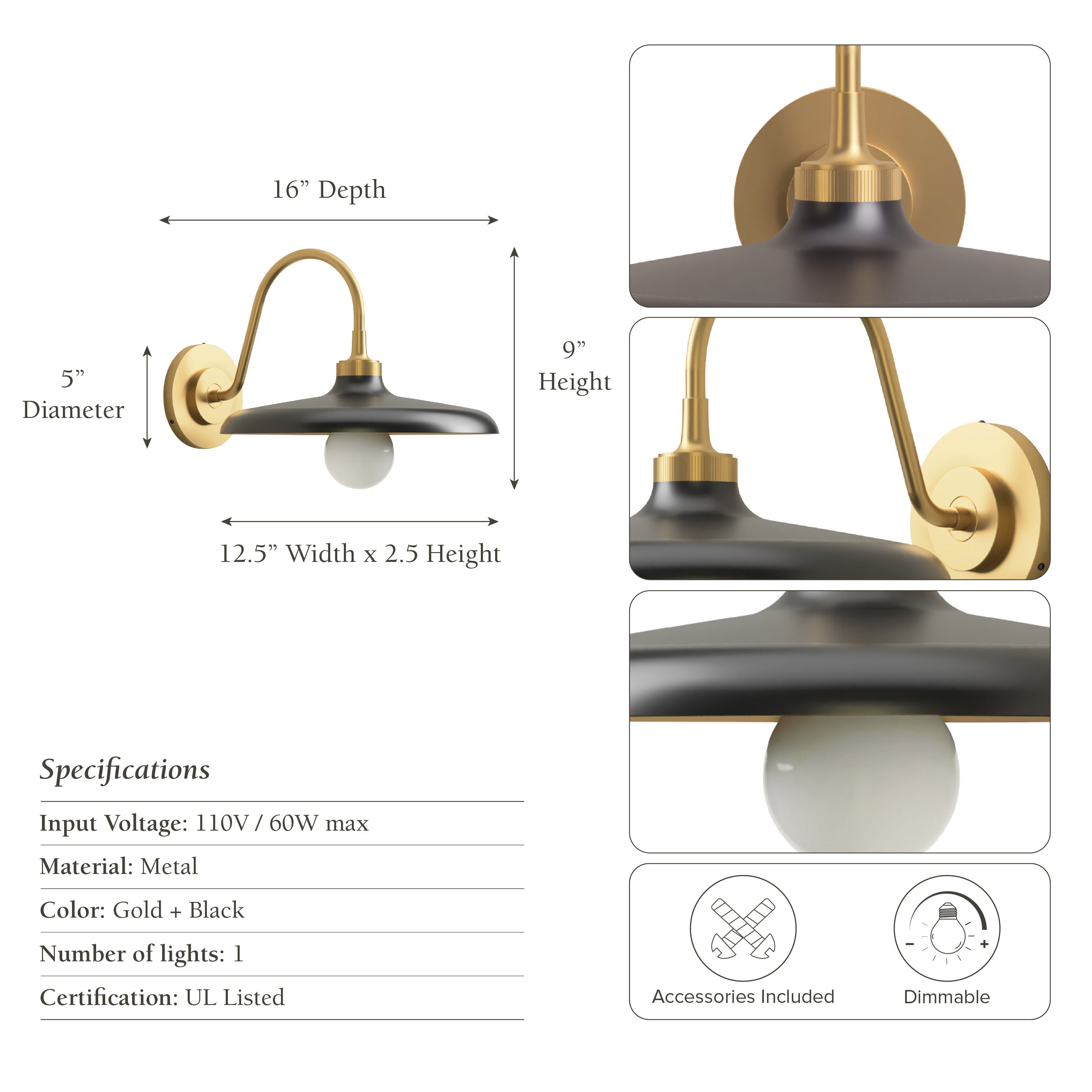 rowabi arcoris metal sconce light fixture with dimensions