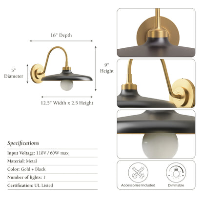 rowabi arcoris metal sconce light fixture with dimensions