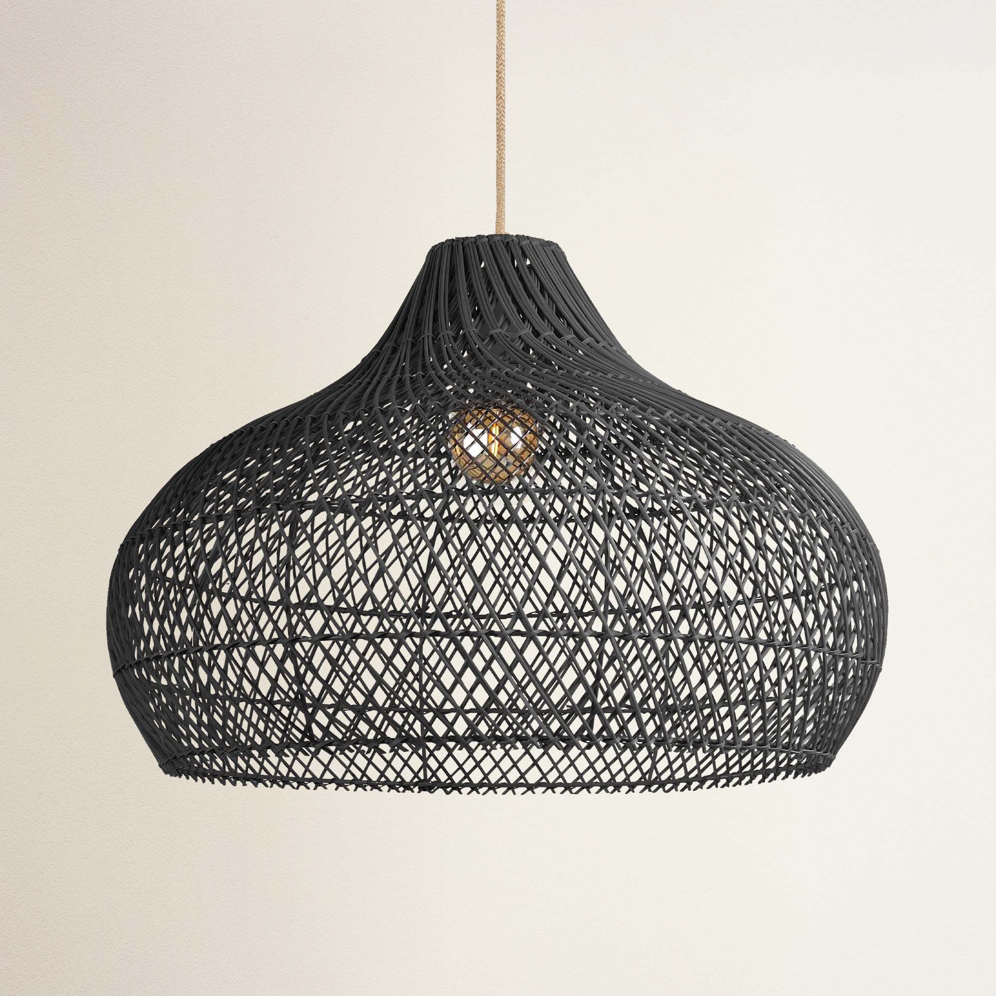 rowabi cover latigo rattan pendant light off, black woven design