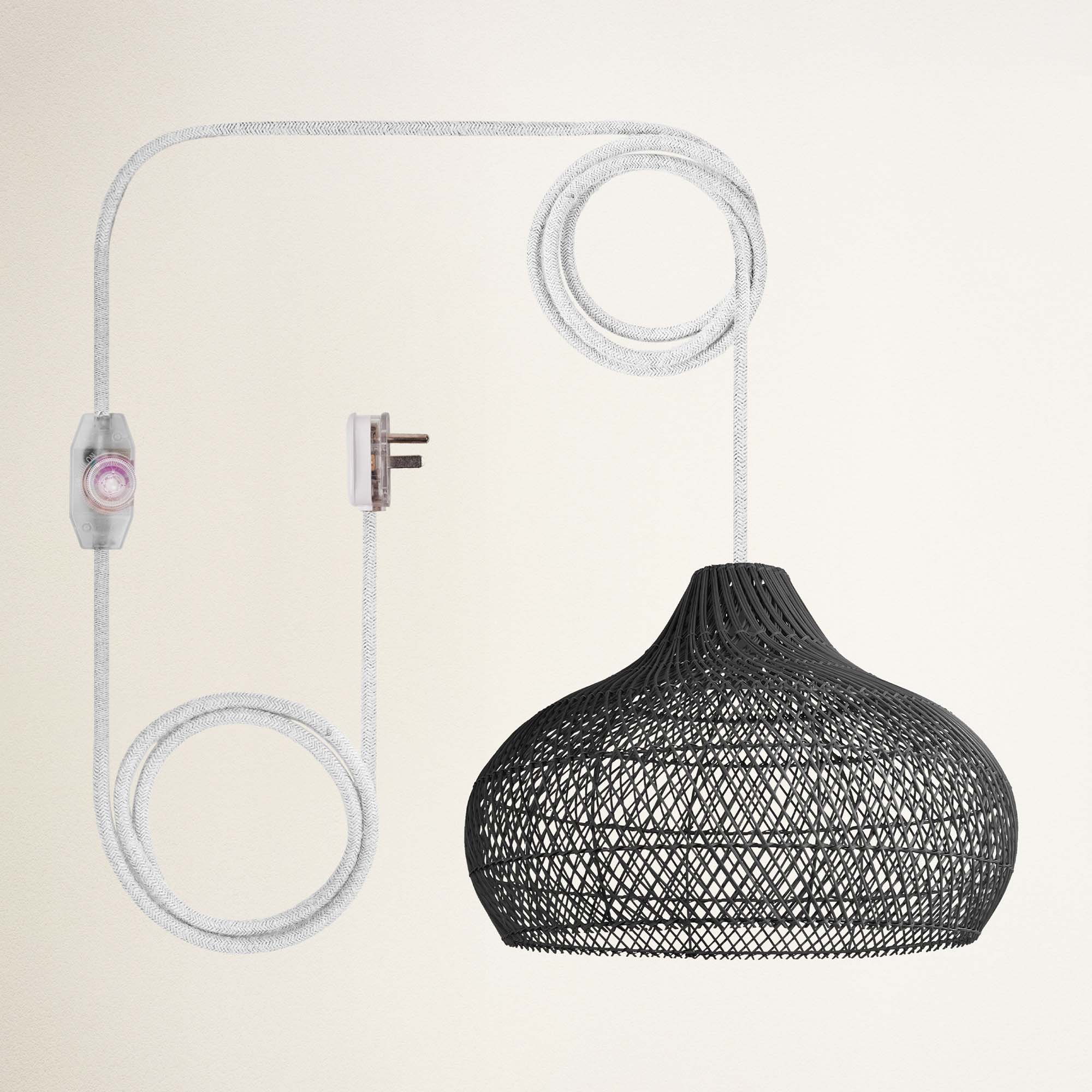 Rowabi Latigo plug-in white, black woven pendant light with white cord