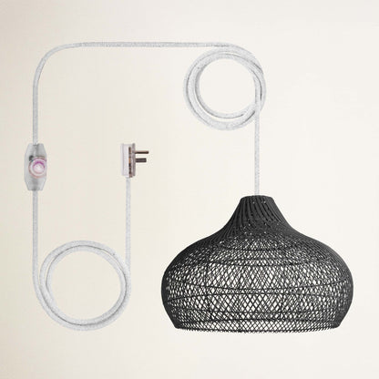 Rowabi Latigo plug-in white, black woven pendant light with white cord