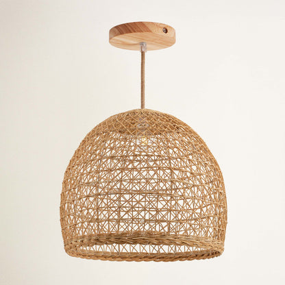 rowabi lumiere hardwire natural woven rattan pendant light with wooden top