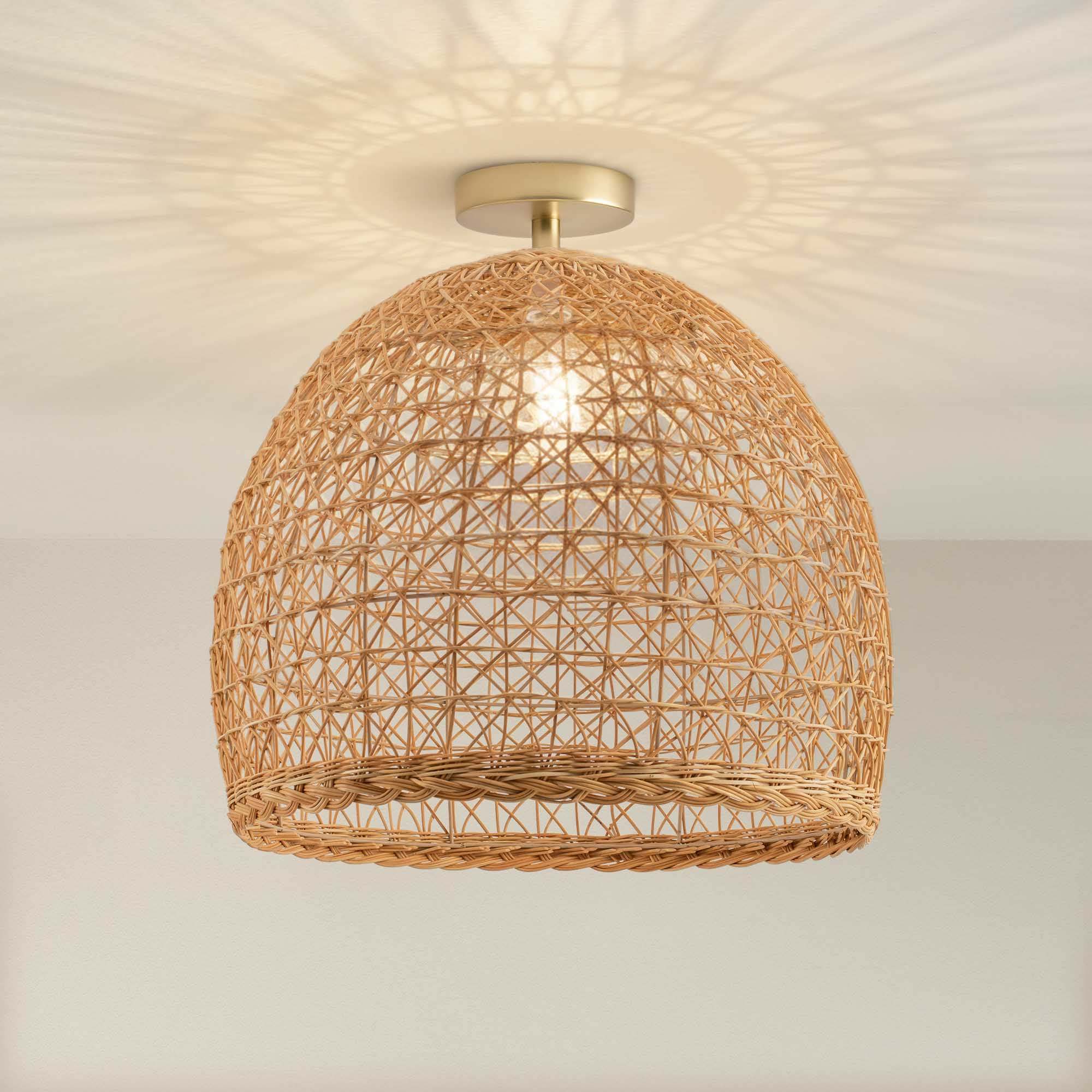 rowabi lumiere rattan pendant light flush mount ceiling light fixture, on