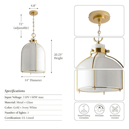 rowabi nestia pendant light with gold frame and white glass shade