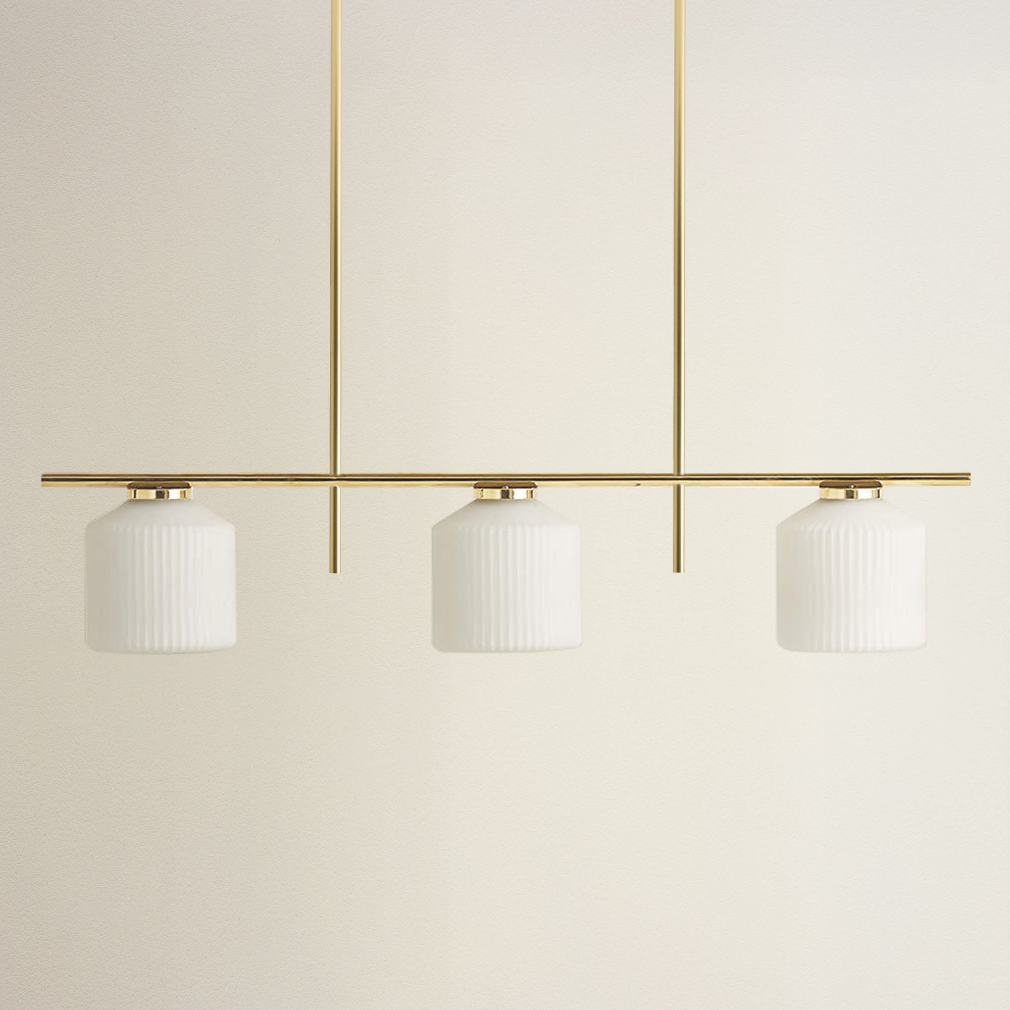 serene polished 3 light pendant light with three white glass shades and gold metal frame, off