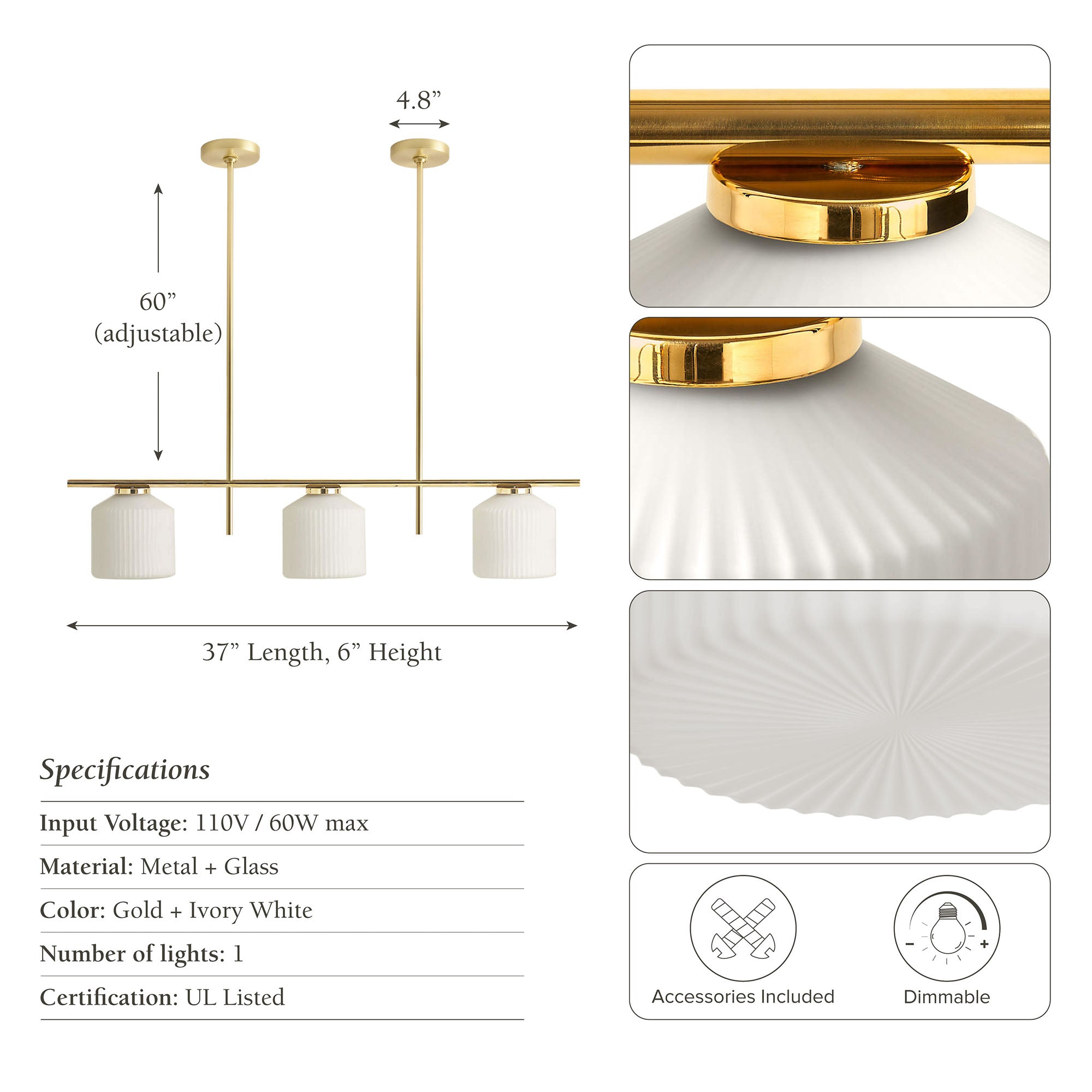 serene polished 3 light pendant light with gold and ivory white design