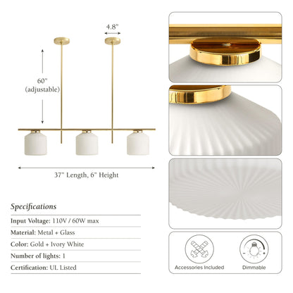 serene polished 3 light pendant light with gold and ivory white design