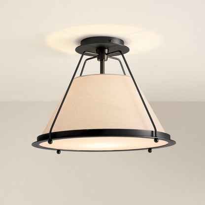 solacer flush mount ceiling light fixture with beige lampshade and black metal frame, on
