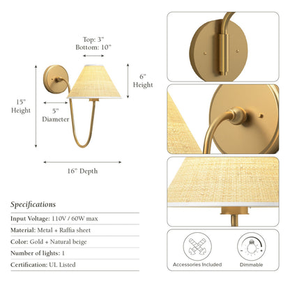 soleil curve arm sconce gold with detailed measurements