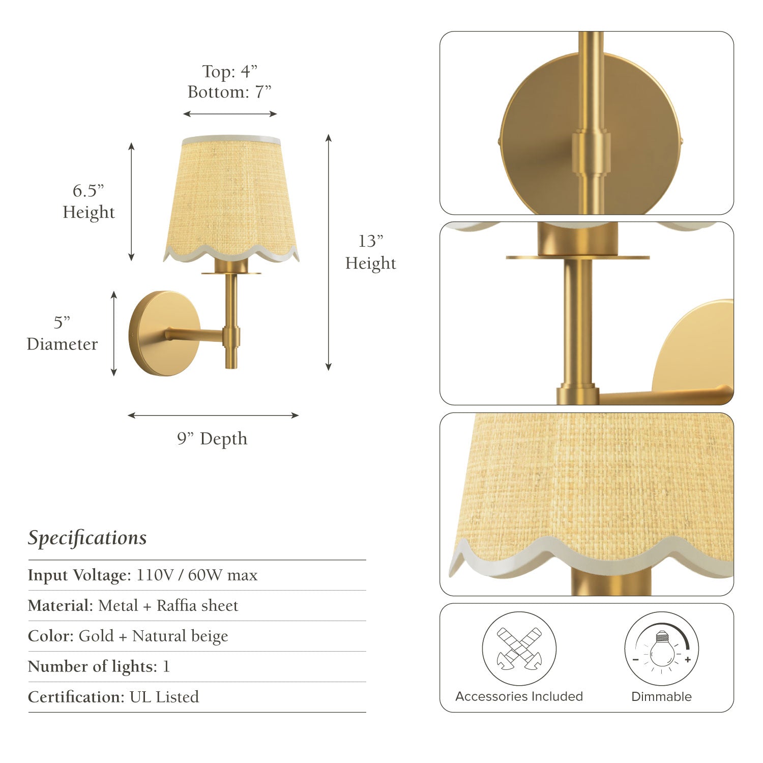 solenne clamp sconce with dimensions and specifications