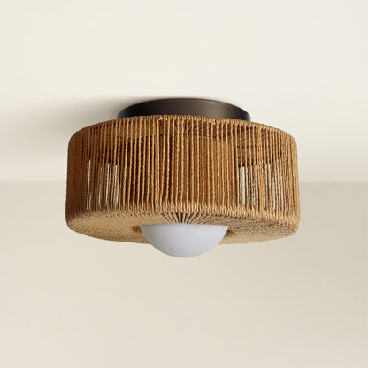 vela flush mount ceiling light fixture with woven brown design, off